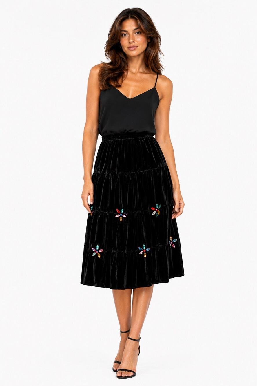 NWT Vintage Y2K Joanna Black Velvet Colorful Gemstone Tiered Stretchy Midi Skirt